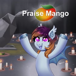 Size: 2160x2160 | Tagged: safe, alternate version, artist:confetticakez, oc, oc only, bat pony, pony, candlestick, cave, craft, food, mango, open mouth, praise, rock, sculpture, shrine, smiling, text