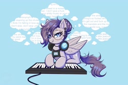 Size: 4096x2731 | Tagged: safe, artist:confetticakez, oc, oc only, pegasus, pony, clothes, ear fluff, ear piercing, earring, fangs, glasses, headphones, jewelry, keyboard, piercing, shirt, simple background, sitting, smiling