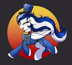 Size: 4096x3731 | Tagged: safe, artist:confetticakez, oc, oc only, pegasus, pony, blushing, clothes, costume, hat, marching band uniform, medal, open mouth, running, smiling, top hat, uniform, winking at you