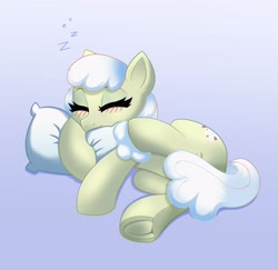 Size: 3862x3757 | Tagged: safe, artist:confetticakez, oc, oc only, pony, unicorn, blushing, cute, eyes closed, female, frog (hoof), high res, hoofbutt, hug, leg fluff, mare, onomatopoeia, pillow, pillow hug, sleeping, solo, sound effects, sweet dreams fuel, underhoof, zzz