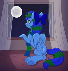 Size: 3735x3931 | Tagged: safe, artist:confetticakez, oc, oc only, pegasus, pony, bed, bow, curtains, looking out the window, moon, sitting, smiling, window