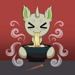 Size: 4000x4000 | Tagged: safe, artist:confetticakez, kirin, chopsticks, eating, eyes closed, food, noodles, simple background, slurping, soup, steam