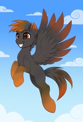 Size: 1393x2048 | Tagged: safe, artist:confetticakez, oc, oc only, pegasus, pony, flying, sky, smiling, spread wings, wings