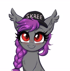 Size: 3342x3374 | Tagged: safe, artist:confetticakez, oc, oc only, bat pony, pony, blushing, ear fluff, fangs, hat, simple background, smiling, white background