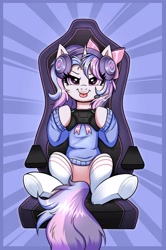 Size: 2649x4000 | Tagged: safe, artist:confetticakez, oc, oc only, bat pony, pony, unicorn, :p, abstract background, chair, controller, gaming chair, gaming headset, headphones, headset, hoof hold, looking at you, microphone, spread legs, spreading, tongue out