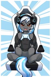 Size: 2649x4000 | Tagged: safe, artist:confetticakez, oc, oc only, bat pony, pegasus, pony, :p, abstract background, chair, controller, gaming chair, gaming headset, headphones, headset, hoof hold, looking at you, microphone, spread legs, spreading, tongue out