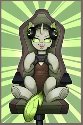 Size: 2649x4000 | Tagged: safe, artist:confetticakez, oc, oc only, changeling, :p, abstract background, chair, controller, gaming chair, gaming headset, headphones, headset, hoof hold, looking at you, microphone, spread legs, spreading, tongue out