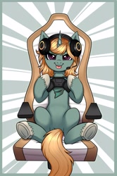 Size: 2649x4000 | Tagged: safe, artist:confetticakez, oc, oc only, pony, unicorn, :p, abstract background, chair, controller, gaming chair, gaming headset, headphones, headset, hoof hold, looking at you, microphone, spread legs, spreading, tongue out