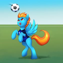 Size: 4000x4000 | Tagged: safe, artist:confetticakez, oc, oc only, pegasus, pony, ball, clothes, football, open mouth, rearing, smiling, soccer field, sports, spread wings, wings