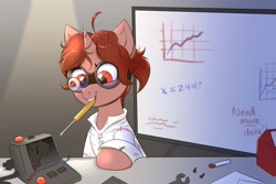 Size: 3000x2000 | Tagged: safe, artist:confetticakez, oc, oc only, pony, unicorn, glasses, inventor, marker, mouth hold, screwdriver, smiling, whiteboard, wrech