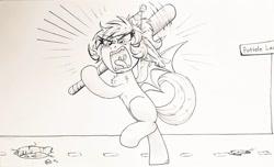 Size: 1024x624 | Tagged: safe, artist:confetticakez, oc, oc only, bat pony, pony, angry, baseball bat, hat, monochrome, open mouth, party hat, pothole, road