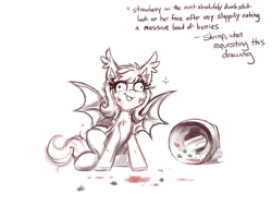 Size: 4000x3000 | Tagged: safe, artist:confetticakez, oc, oc only, oc:strawberry stylus, bat pony, pony, vampire bat pony, berries, bowl, derp, food, monochrome, simple background, sketch, smiling, solo, sparkles, spread wings, strawberry, white background, wide eyes, wings