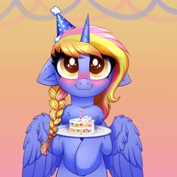 Size: 4000x4000 | Tagged: safe, artist:confetticakez, oc, oc only, alicorn, pony, alicorn oc, blushing, cake, chest fluff, food, hat, horn, party hat, plate, simple background, smiling, stars, wings
