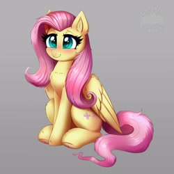 Size: 4000x4000 | Tagged: safe, alternate version, artist:confetticakez, fluttershy, pegasus, pony, absurd resolution, blushing, chest fluff, cute, daaaaaaaaaaaw, ear fluff, female, frog (hoof), leg fluff, mare, shyabetes, simple background, sitting, smiling, solo, underhoof, white background, wing fluff