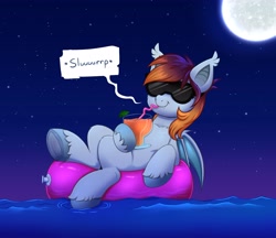 Size: 4000x3449 | Tagged: safe, artist:confetticakez, oc, oc only, bat pony, pony, drink, floating, glasses, inner tube, lime, night, nightsky, relaxing, smiling, straw, water