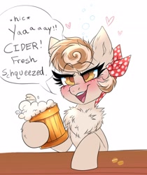 Size: 2132x2544 | Tagged: safe, artist:confetticakez, oc, oc only, pony, alcohol, blushing, bow, cider, drunk, mug, open mouth, simple background, smiling