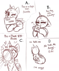 Size: 2000x2391 | Tagged: safe, artist:confetticakez, oc, oc only, alicorn, pony, drawpile, eyes closed, food, monochrome, mug, pie, pie in the face, sketch, smiling, winking at you