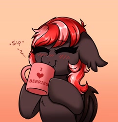Size: 3520x3636 | Tagged: safe, artist:confetticakez, oc, oc only, oc:strawberry stylus, bat pony, pony, cup, eyes closed, gradient background, simple background, sipping