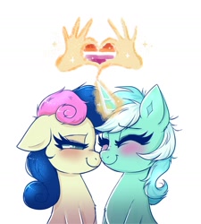 Size: 1416x1572 | Tagged: safe, artist:confetticakez, bon bon, lyra heartstrings, sweetie drops, earth pony, unicorn, blushing, boop, eyes closed, gay, magic, male, noseboop, simple background, smiling, white background