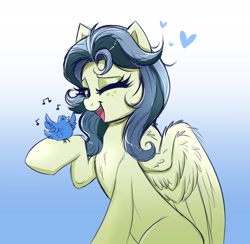 Size: 2029x1978 | Tagged: safe, artist:confetticakez, oc, oc only, bird, pegasus, pony, open mouth, raised hoof, simple background, singing, sitting, smiling