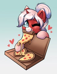 Size: 1488x1941 | Tagged: safe, artist:confetticakez, oc, oc only, pony, unicorn, food, gradient background, heart, mouth hold, pizza, simple background