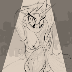 Size: 1000x1000 | Tagged: safe, artist:to_fat_to_fly, princess celestia, pony, blushing, clothes, dress, holding hooves, jewelry, monochrome, necklace, raised hoof, smiling