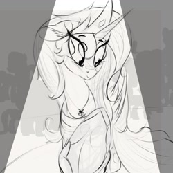 Size: 1000x1000 | Tagged: safe, artist:to_fat_to_fly, princess celestia, alicorn, pony, blushing, clothes, crown, dress, eye clipping through hair, female, hoof shoes, horn, jewelry, mare, monochrome, necklace, raised hoof, regalia, solo focus, wings