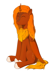 Size: 2480x3508 | Tagged: safe, artist:laykeen, derpibooru exclusive, imported from derpibooru, oc, oc only, oc:season leaf, classical hippogriff, hippogriff, hybrid, kirin, derpibooru community collaboration, 2022 community collab, eyes closed, gradient mane, leaf, seasons, simple background, simple shading, sitting, smiling, solo, transparent background