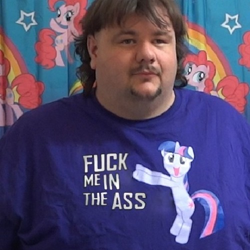 Size: 500x500 | Tagged: safe, imported from derpibooru, pinkie pie, twilight sparkle, human, beard, brony stereotype, clothes, corpulentbrony, facial hair, finnishponer, irl, male, photo, shirt, solo, swearing, text, vulgar