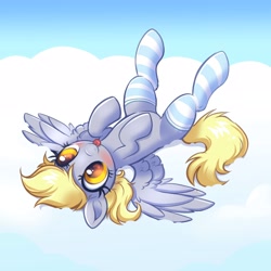 Size: 4000x4000 | Tagged: safe, alternate version, artist:confetticakez, imported from derpibooru, derpy hooves, pegasus, pony, :p, absurd resolution, blushing, clothes, cloud, cute, derpabetes, female, lying down, mare, on a cloud, on back, patreon, patreon reward, socks, solo, spread wings, striped socks, tongue out, wings