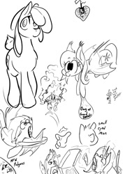 Size: 1000x1400 | Tagged: safe, artist:storyteller, princess cadance, queen chrysalis, oc, alicorn, bat pony, crab, earth pony, pony, confused, drawpile, fangs, flying, food, magic, monochrome, open mouth, pizza, smiling