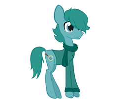 Size: 2000x1600 | Tagged: safe, artist:alandisc, imported from derpibooru, oc, oc only, oc:max crow, earth pony, pony, adult, big eyes, blue eyes, blue hair, clothes, emo hair, green sweater, male, no pants, ponified, scarf, simple background, solo, standing, sweater, thin, white background