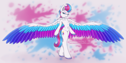 Size: 1500x750 | Tagged: safe, artist:shad0w-galaxy, imported from derpibooru, zipp storm, pegasus, semi-anthro, belly button, female, g5, large wings, looking at you, mare, my little pony: a new generation, patreon, simple background, smiling, solo, spread wings, wings