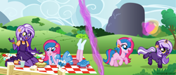 Size: 1700x726 | Tagged: safe, artist:jennieoo, imported from derpibooru, oc, oc:midnight twinkle, oc:star sparkle, pony, unicorn, equestria girls, apple slice, balloon, beach ball, chatting, female, filly, foal, food, friends, happy, picnic, picnic blanket, pie, playing, running, show accurate, smiling, vector