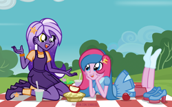 Size: 1200x745 | Tagged: safe, artist:jennieoo, imported from derpibooru, oc, oc:midnight twinkle, oc:star sparkle, equestria girls, apple, apple pie, chatting, clothes, food, friends, happy, picnic, pie, shoes removed, show accurate, smiling, socks, stocking feet, the pose, vector
