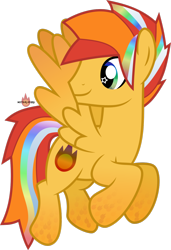 Size: 1024x1496 | Tagged: safe, artist:meteor-spark, imported from derpibooru, oc, oc:meteor spark, pegasus, flying, gradient hooves, gradient mane, looking back, male, pegasus oc, rainbow power, rainbow power-ified, simple background, smiling, spread wings, stallion, stallion oc, striped mane, striped tail, tail, transparent background, wingding eyes, wings
