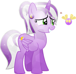 Size: 1024x997 | Tagged: safe, artist:meteor-spark, imported from derpibooru, oc, oc:melody moon, alicorn, parasprite, alicorn oc, crystallized, ear piercing, earring, female, folded wings, grin, horn, jewelry, looking at each other, looking at someone, mare, moon, music notes, piercing, simple background, smiling, smiling at each other, standing, transparent background, watermark, wings