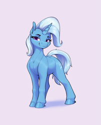 Size: 2155x2670 | Tagged: safe, artist:aquaticvibes, imported from derpibooru, trixie, pony, unicorn, abstract background, colored pupils, eyebrows, eyelashes, female, horn, lidded eyes, looking at you, mare, pink background, simple background, smiling, smiling at you, smirk, smug, solo, standing, tail