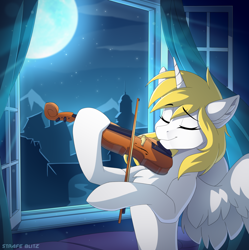 Size: 2106x2116 | Tagged: safe, artist:strafe blitz, imported from derpibooru, oc, oc only, oc:star nai, alicorn, pony, alicorn oc, eyes closed, horn, moon, musical instrument, night, solo, stars, viola, window, wings