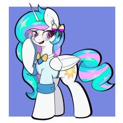 Size: 2000x2000 | Tagged: safe, artist:orbitingdamoon, imported from derpibooru, princess celestia, alicorn, pony, alternate hairstyle, bow, clothes, glasses, hair bow, looking at you, nonbinary pride flag, pride, pride flag, shirt, solo