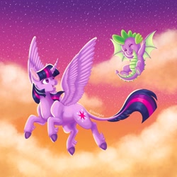 Size: 2048x2048 | Tagged: safe, artist:sketchytsh, imported from derpibooru, spike, twilight sparkle, alicorn, dragon, pony, cloud, cloven hooves, curved horn, duo, flying, happy, horn, leonine tail, looking back, smiling, spread wings, tail, twilight sparkle (alicorn), winged spike, wings