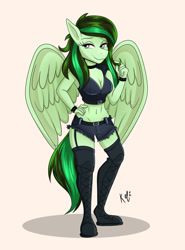 Size: 1280x1730 | Tagged: safe, artist:hadesvita, artist:kefitani, imported from derpibooru, oc, oc only, oc:eden shallowleaf, anthro, pegasus, belly button, belt, boots, breasts, choker, cleavage, midriff, pegasus oc, punk, shoes, smiling, solo