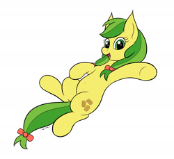 Size: 1937x1773 | Tagged: safe, artist:wapamario63, imported from derpibooru, apple fritter, earth pony, pony, apple family member, background pony, belly, belly button, bow, colored, cute, female, flat colors, hair bow, looking at you, lying down, mare, on back, open mouth, open smile, simple background, smiling, smiling at you, solo, tail, tail bow, white background