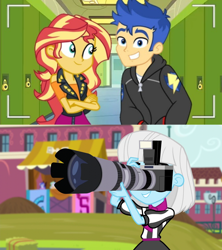 Size: 1276x1436 | Tagged: safe, artist:3d4d, edit, imported from derpibooru, screencap, flash sentry, photo finish, sunset shimmer, equestria girls, camera, female, flashimmer, male, shipping, straight, telephoto lens