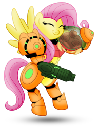 Size: 1280x1673 | Tagged: safe, artist:aleximusprime, imported from derpibooru, fluttershy, pegasus, pony, arm cannon, armor, cute, eyes closed, hug, metroid, metroid (species), samus aran, shyabetes, simple background, smiling, transparent background