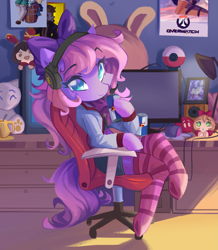 Size: 5099x5837 | Tagged: safe, artist:saxopi, imported from derpibooru, oc, oc only, oc:lillybit, earth pony, semi-anthro, adorkable, bow, chair, clothes, commission, computer, cute, dork, energy drink, gaming headset, headphones, headset, monitor, plushie, red bull, ribbon, socks, solo, striped socks