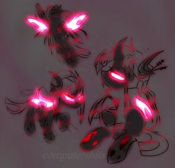 Size: 1592x1530 | Tagged: safe, artist:cutiesparke, imported from derpibooru, oc, oc only, oc:trophi, changeling, changeling oc, clothes, doodle, female, flying, glowing, glowing eyes, hoodie, pink changeling, raised hoof, sitting, solo