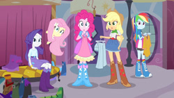 Size: 3410x1920 | Tagged: safe, imported from derpibooru, screencap, applejack, fluttershy, pinkie pie, rainbow dash, rarity, equestria girls, equestria girls (movie), applejack's hat, belt, boots, bracelet, clothes, cowboy boots, cowboy hat, cutie mark on clothes, denim skirt, female, hairpin, hat, high res, jewelry, open mouth, shoes, skirt