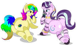 Size: 8800x5160 | Tagged: safe, artist:rainbowtashie, imported from derpibooru, oc, oc:rainbow tashie, oc:voodoo charms, earth pony, hybrid, pony, unicorn, zebra, butt, commissioner:bigonionbean, dialogue, ear piercing, earring, female, flank, fusion, fusion:starlight glimmer, fusion:zecora, jewelry, large butt, lying down, mare, nintendo, nintendo 64, piercing, plot, prone, simple background, striped, the ass was fat, transparent background, writer:bigonionbean, zeeb