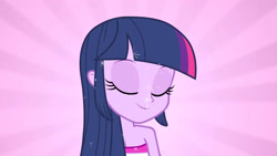 Size: 3410x1920 | Tagged: safe, imported from derpibooru, screencap, twilight sparkle, equestria girls, equestria girls (movie), bare shoulders, bareback, eyes closed, fall formal outfits, female, high res, sleeveless, smiling, solo, strapless, twilight ball dress, upscaled